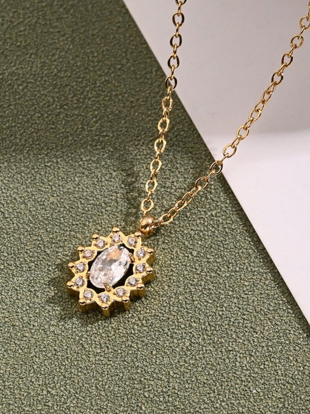 18K Gold Plated Stainless Steel Oval Zircon Halo Pendant Necklace